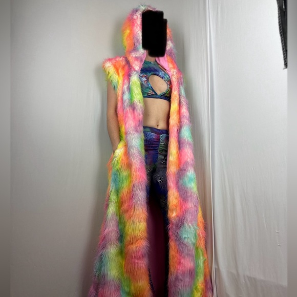 LONG Fur LED Glowing Light Up Coat Burning Man Rave Festival Rainbow Pastel EDC - Picture 4 of 16